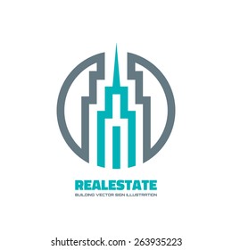 Real estate - vector logo template concept illustration. Building skyscraper silhouette sign in circle. Design element. 