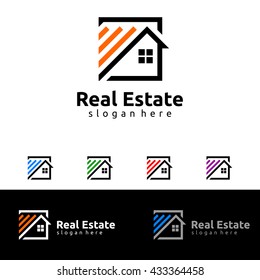 Real estate vector logo template, simple flat square house with line represented strong and modern real estate