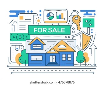 Real estate - vector modern line flat design city composition with house for sale