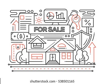 Real estate - vector modern plain line flat design city composition with house for sale