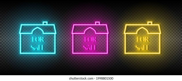 Real estate vector for sale, house. Illustration neon blue, yellow, red icon set.
