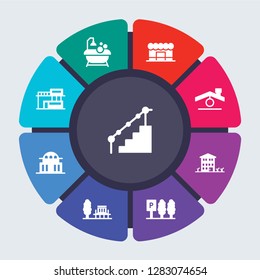 real estate vector template for infographics. Business concept with 9 options, steps, parts, segments. Banner infographic cycling diagram, round chart, Stairs, Shower, Shop, Roof, Property icons