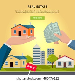 Real estate vector web banner. Flat design. Hands with house and money, buildings on background. Buying and selling a new place for living. Illustration for real estate company web page design. 