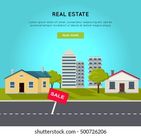 Real estate vector web banner in flat style. Road, cottage houses , living block, skyscraper, trees and lawn on blue background. Illustration for real estate company advertising, housing concepts.