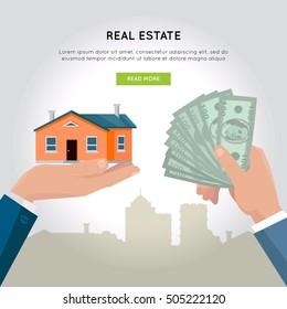 Real estate vector web banner in flat design. Hands with house and money. Realtor agreement. Buying and selling a new place for living. Illustration for real estate company web page design. 