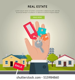 Real estate vector web banner. Flat design. Key from house with tag in man hand, houses, trees and grass on background. Illustration for real estate company web page design, advertising.