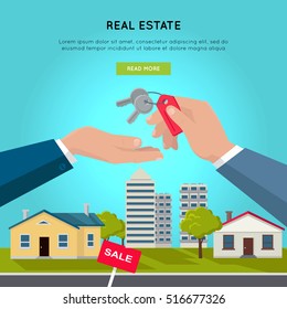Real estate vector web banner. Flat style. Giving key from hand to hand with city landscape on background.  Illustration for real estate company web page design. Selling and buying a place for living.