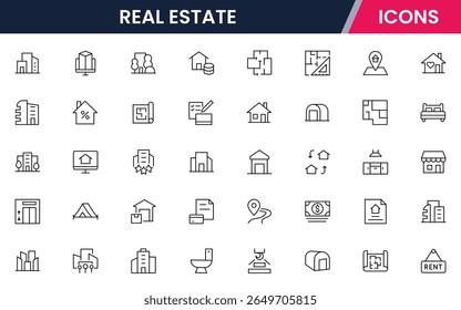 Real Estate vector web line icon collection, sleek illustrations of houses, apartments, keys, and property symbols for professional designs.