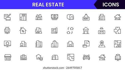 Real Estate vector web line icon collection, sleek illustrations of houses, apartments, keys, and property symbols for professional designs.