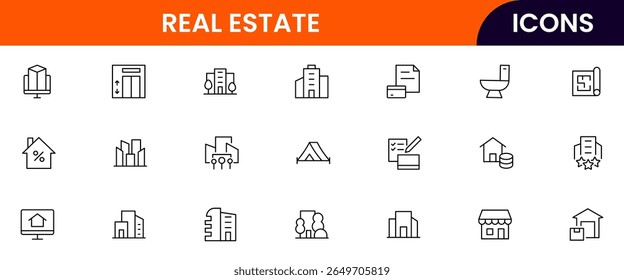 Real Estate vector web line icon collection, sleek illustrations of houses, apartments, keys, and property symbols for professional designs.