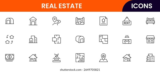Real Estate vector web line icon collection, sleek illustrations of houses, apartments, keys, and property symbols for professional designs.