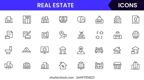 Real Estate vector web line icon collection, sleek illustrations of houses, apartments, keys, and property symbols for professional designs.