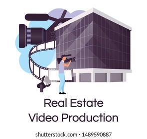 Real estate video production flat concept icon. House selling advertisement creating sticker, clipart. Building commercial and promotion shooting. Isolated cartoon illustration on white background