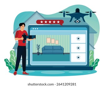 Real estate video tour concept. A man with modern technology in the real estate field including drone aerial videography and professional video equipment for property exhibitions.