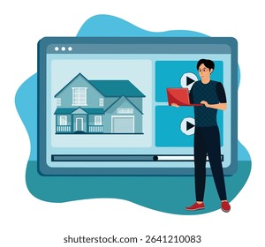  Real estate video tour concept. A person using a laptop presenting a virtual tour of a house with a modern interface.