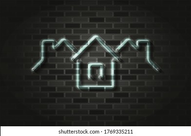 Real estate, village, town roofs glowing neon sign or glass tube. Realistic vector illustration. Black brick wall, soft shadow.