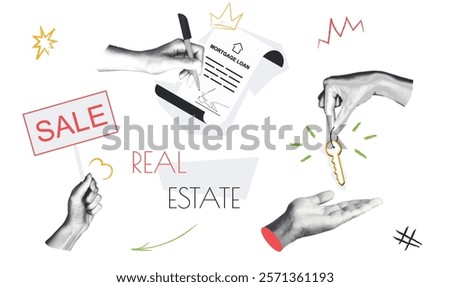 Real estate vintage collage conception set in retro halftone design. Collection with hands holds sale banner, signs mortgage loan document, buys apartment or house and gets key. Vector illustration.