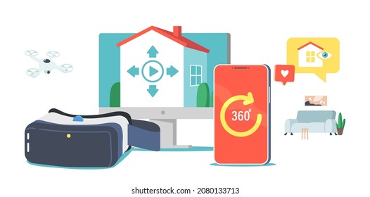 Real Estate Virtual Tour Concept. Remote Apartment Showing Service for Buying or Rent. Smartphone with 360 Degree View Application, Drone, House on Pc Screen, Vr Glasses. Cartoon Vector Illustration