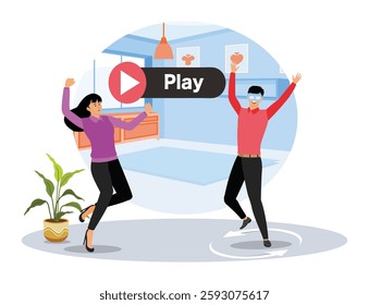 Real estate virtual tour concept. Virtual reality house tour, real estate agent. Two happy people together in a lively indoor setting to promote a house. Flat vector modern illustration 