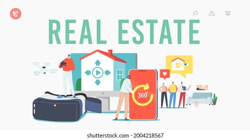 Real Estate Virtual Tour Landing Page Template. Realtor And Clients Distantly Choose Apartment For Buying Or Rent. Tiny Characters At Huge Smartphone And Vr Glasses. Cartoon People Vector Illustration