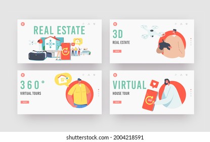 Real Estate Virtual Tour Landing Page Template Set. Realtor And Clients Choose Apartment For Buying Or Rent. Tiny Characters At Huge Smartphone And Vr Glasses. Cartoon People Vector Illustration