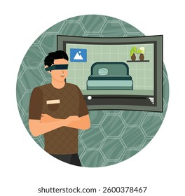 Real estate virtual tour. Man wearing a VR headset engaging with virtual environment showing home interior visuals on screen. Flat vector modern illustration 