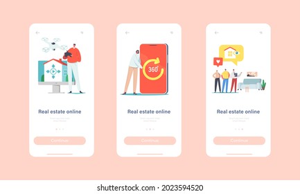 Real Estate Virtual Tour Mobile App Page Onboard Screen Template. Realtor And Clients Distantly Choose Apartment For Buying Or Rent. Tiny People At Huge Smartphone Concept. Cartoon Vector Illustration