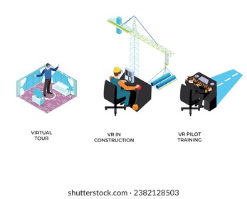 Visita virtual inmobiliaria, VR en construcción, simulación de grúas en torre, formación piloto concepto de ilustración isométrica 3d vectorial