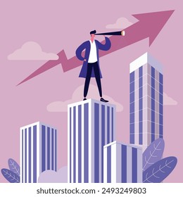 Real Estate Visionary Observes Market Trends: Businessman on Skyscraper with Telescope. Strategic Planning for Investment in Homes and Offices. Illustration Depicting a Real Estate Tycoon Monitoring