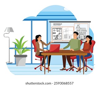 Real estate visiting broker. Couple meeting broker in office. A professional team in an office setting discussing architectural designs and house blueprints. Flat vector modern illustration 