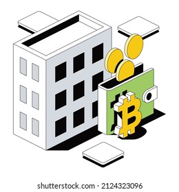 Real estate, Wallet, bitcoin coins. Vector 3d sketch line isometric style, color icon illustration. Creative design idea and infographics elements.