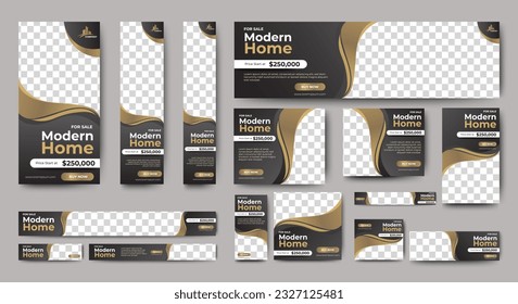 Real Estate web ad banner template design with black and gray background. vector