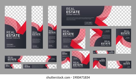 Real Estate web banner design template Set. Vertical, Horizontal and Square banners with standard size and place for photos. Vector design EPS