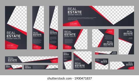 Real Estate Web Banner Design Template Set. Vertical, Horizontal And Square Banners With Standard Size And Place For Photos. Vector Design EPS