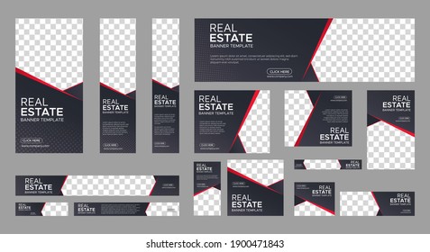 Real Estate web banner design template Set. Vertical, Horizontal and Square banners with standard size and place for photos. Vector design EPS svg