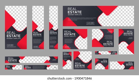 Real Estate web banner design template Set. Vertical, Horizontal and Square banners with standard size and place for photos. Vector design EPS svg