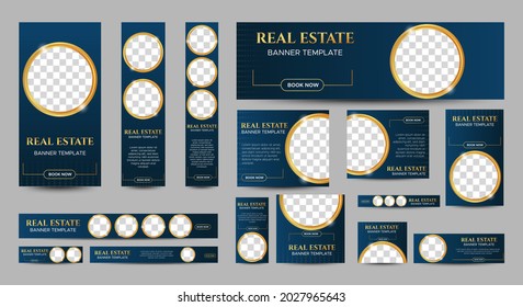 Real Estate web banner design template Set with blue background. Vertical, Horizontal and Square banners with standard size and place for photos. Vector design EPS 10	
