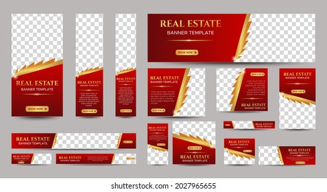 Real Estate web banner design template Set with red background. Vertical, Horizontal and Square banners with standard size and place for photos. Vector design EPS 10	