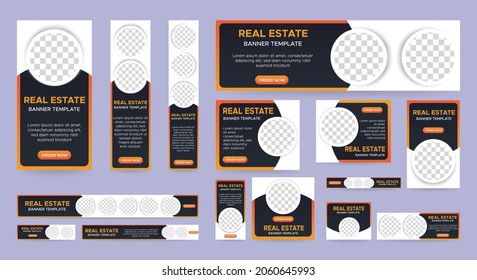 Real Estate web banner design template Set. Vertical, Horizontal and Square banners with standard size and place for photos. Vector design EPS 10