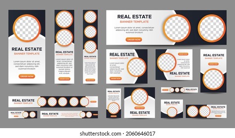Real Estate web banner design template Set. Vertical, Horizontal and Square banners with standard size and place for photos. Vector design EPS 10
