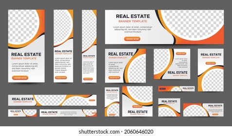 Real Estate web banner design template Set. Vertical, Horizontal and Square banners with standard size and place for photos. Vector design EPS 10