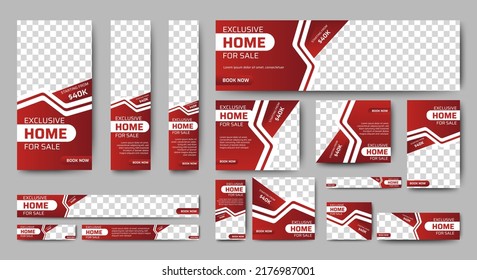 Real Estate web banner design template Set. Vertical, Horizontal and Square banners with standard size and place for photos. Vector design EPS	