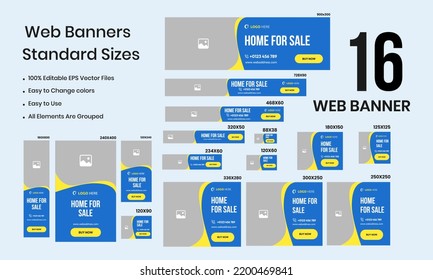 Plantilla de diseño de banner web de bienes raíces Conjuntos. Casa a la venta Banderas cuadradas con tamaños estándar y lugares para fotos. EPS de diseño de vectores, banner horizontal, vertical