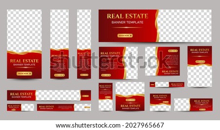 Real Estate web banner design template Set with red background. Vertical, Horizontal and Square banners with standard size and place for photos. Vector design EPS 10	
