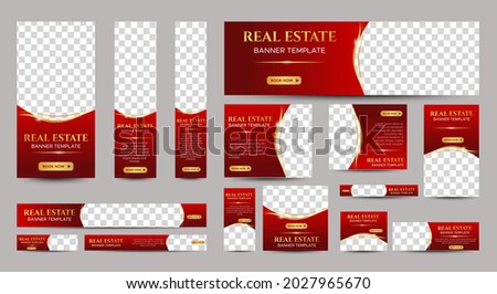 Real Estate web banner design template Set with red background. Vertical, Horizontal and Square banners with standard size and place for photos. Vector design EPS 10	