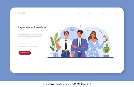 Real estate web banner or landing page. Qualified and reliable real estate agent guarantee a property buying. Realtor helps in house searching and mortgage contract. Vector flat illustration