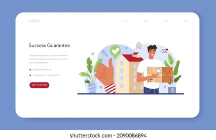 Real estate web banner or landing page. Qualified and reliable real estate agent guarantee a property buying. Realtor helps in house searching and mortgage contract. Vector flat illustration