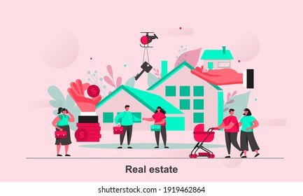 Real estate web concept design in flat style. Real property purchase, rent and mortgage scene visualization. Real estate agency ad. Vector illustration with tiny people characters in life situation.
