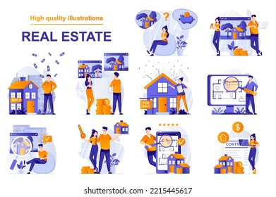 Real estate web concept with people scenes set in flat style. Bundle of home for sale, buying new house, searching rental apartment, mortgage loan, housing. Vector illustration with character design