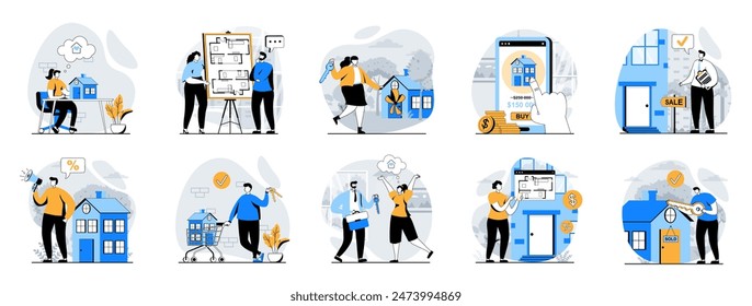 Real estate web concept with people scenes mega set in flat design. Bundle of character situations with buying new house, mortgage loan, deal and receiving keys to home property. Vector illustrations.